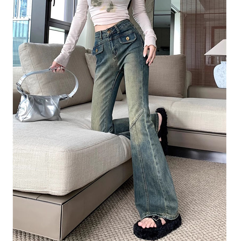 辣妹復古做舊拼接牛仔褲微喇褲女小個子高腰顯瘦馬蹄褲拖地長褲潮