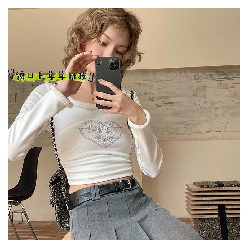 白色打底衫女秋冬2023新款毛領套頭甜美風修身保暖德絨內搭上衣女