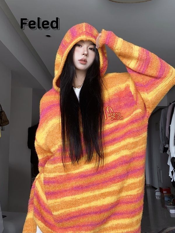 飛拉丹頓美式復古混色連帽毛衣男女秋冬條紋刺繡針織衫顯瘦上衣