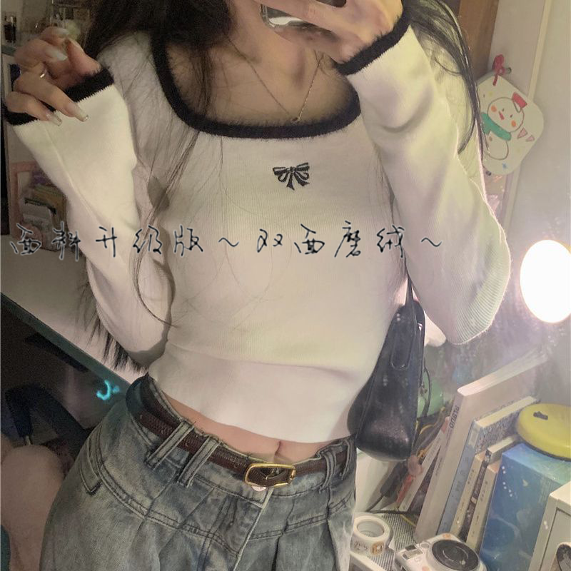 辣妹方領軟糯打底德絨衫女秋冬韓版2023新款修身顯瘦短款長袖上衣