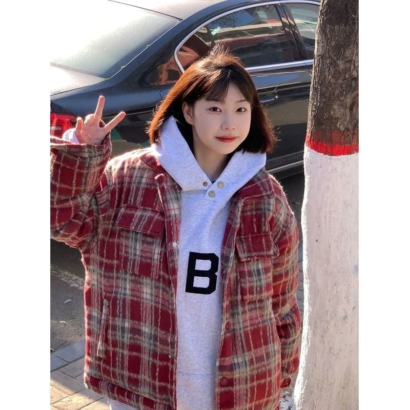 美式復古香風外套襯衫毛呢ins格子男女秋冬夾棉加厚夾克寬鬆情侶