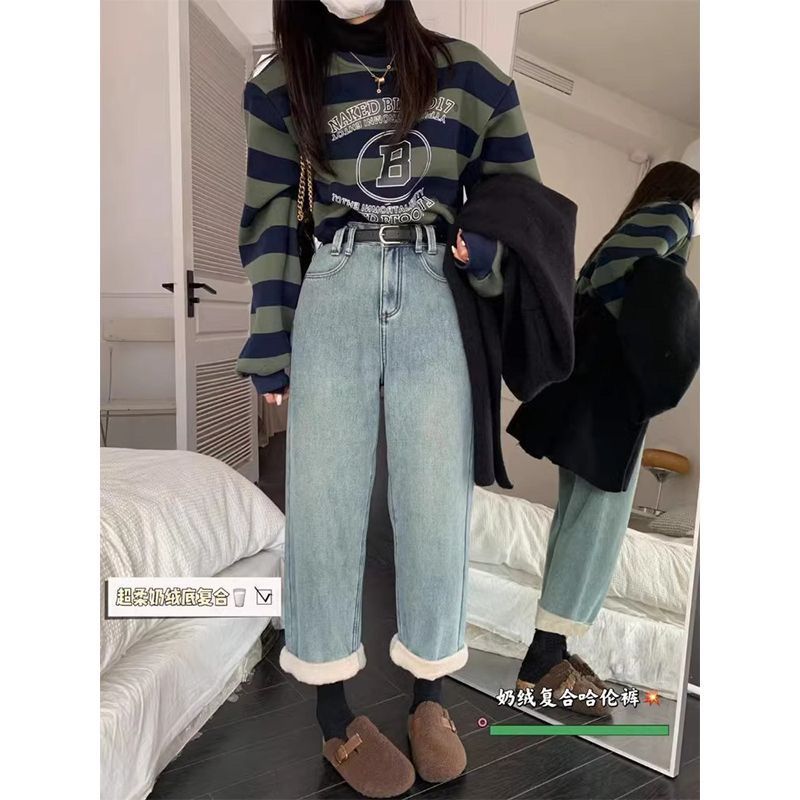 Velvet boyfriend pants Korean Dongdaemun jeans for women winter 2023 new large size slimming versatile wide-leg straight pants