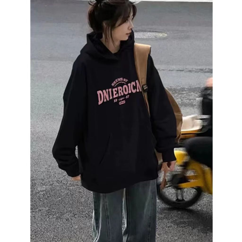 美式復古黑色連帽衛衣女2023春秋秋冬加絨寬鬆oversize小個子上衣
