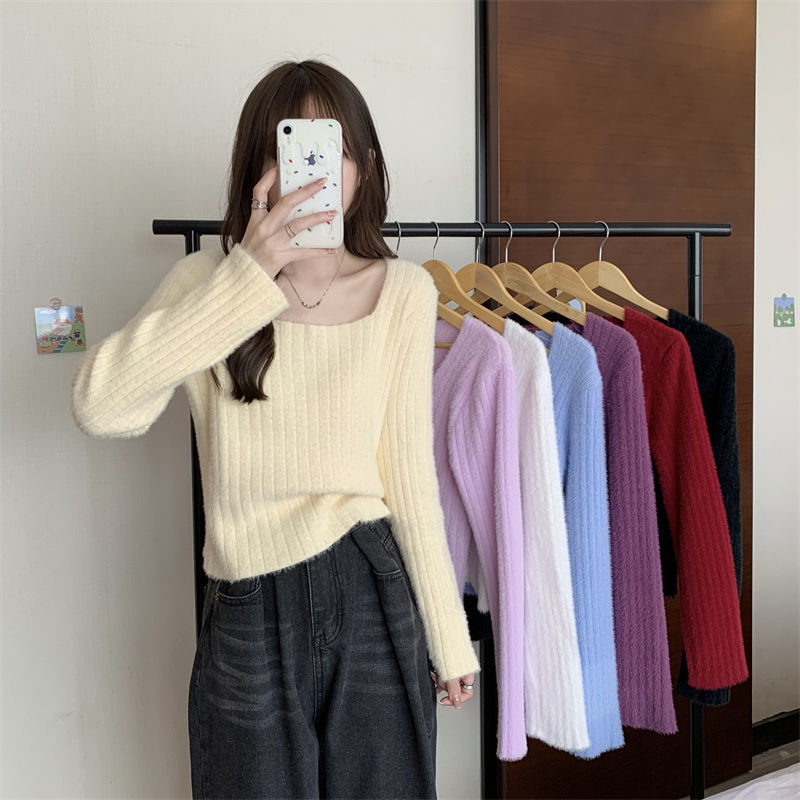 軟糯方領針織衫女秋冬季2023新款氣質套頭寬鬆毛衣內搭打底衫上衣