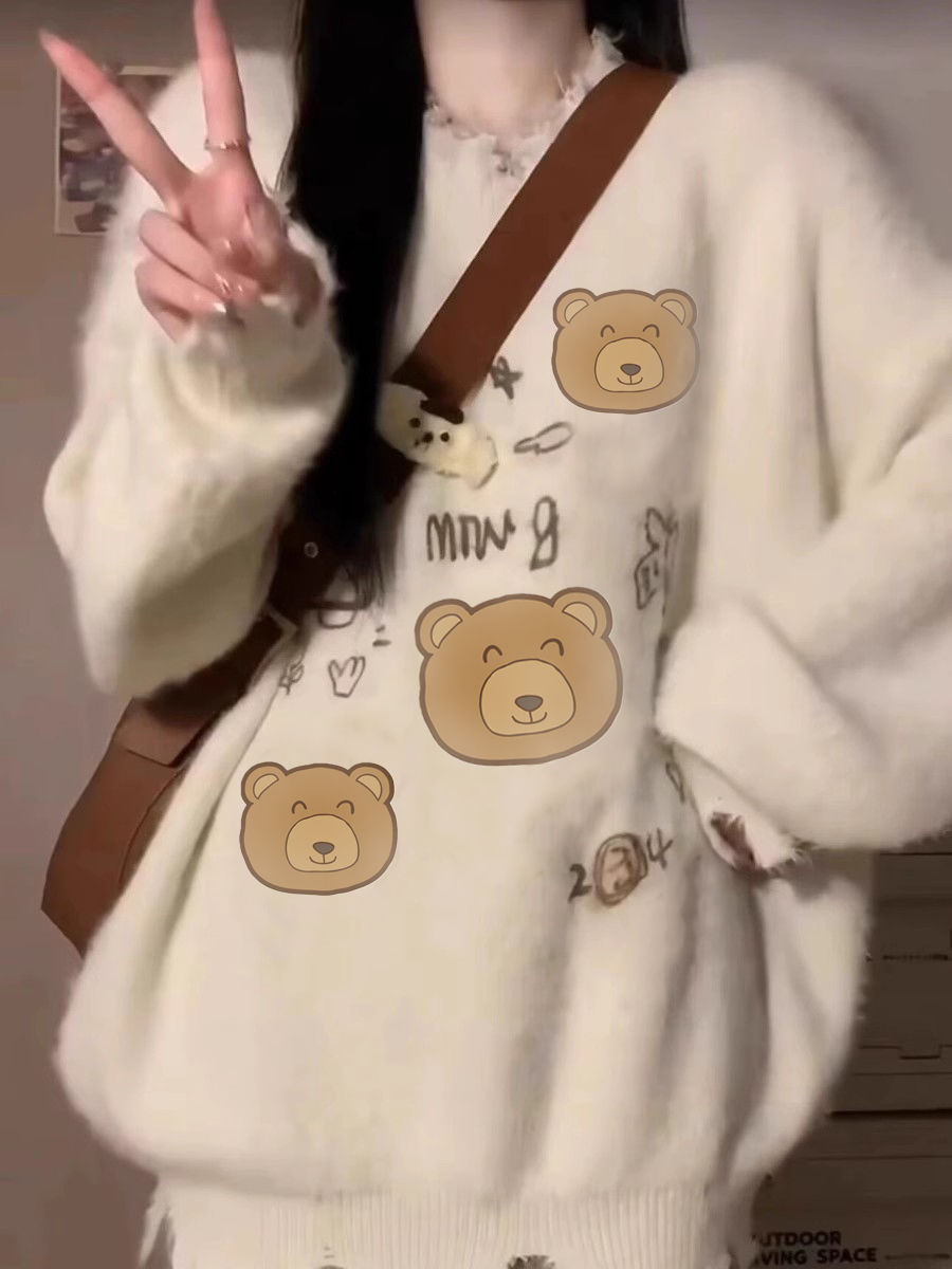 日系復古小熊軟糯水貂絨毛衣女秋冬寬鬆慵懶風chic針織衫加厚上衣