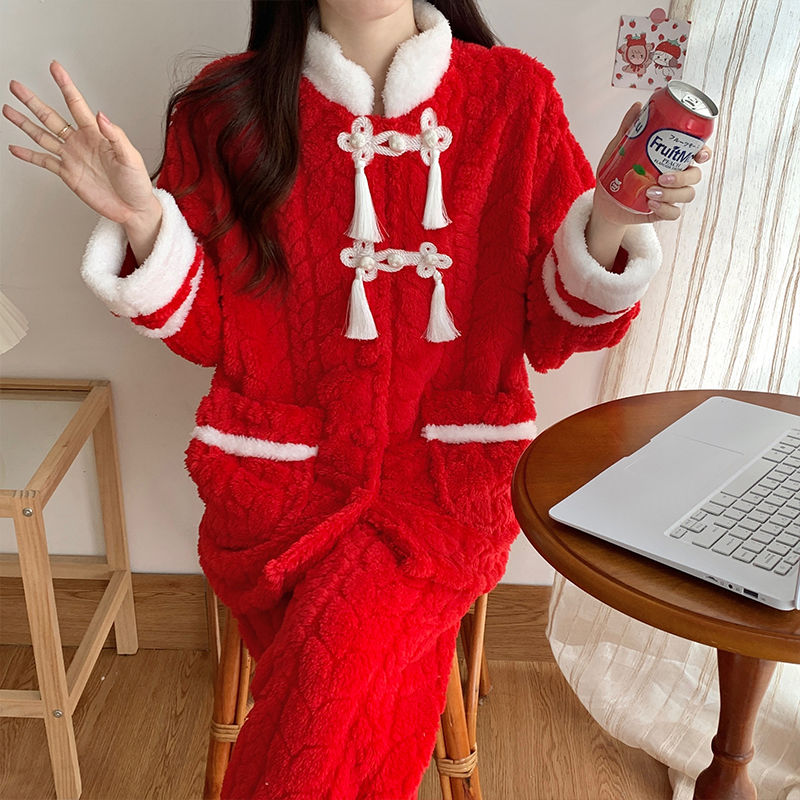 紅色珊瑚絨加厚睡衣女冬季中式盤扣2023新款國風保暖可外穿家居服