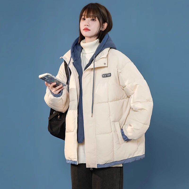2023冬季新款撞色拼接假兩件棉衣棉服男女學生加絨加厚連帽外套潮
