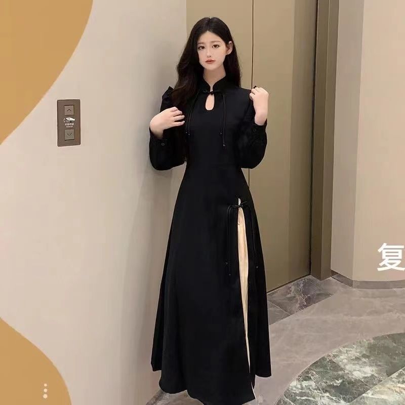 大碼法式氣質長袖黑色連衣裙高級感秋冬季裙子胖mm遮肚顯瘦長裙