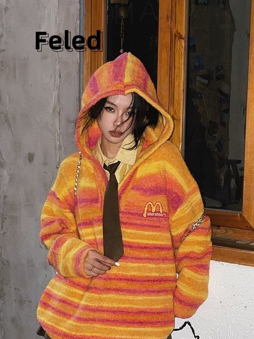 飛拉丹頓美式拼色復古字母刺繡條紋連帽毛衣男女秋冬寬鬆針織上衣