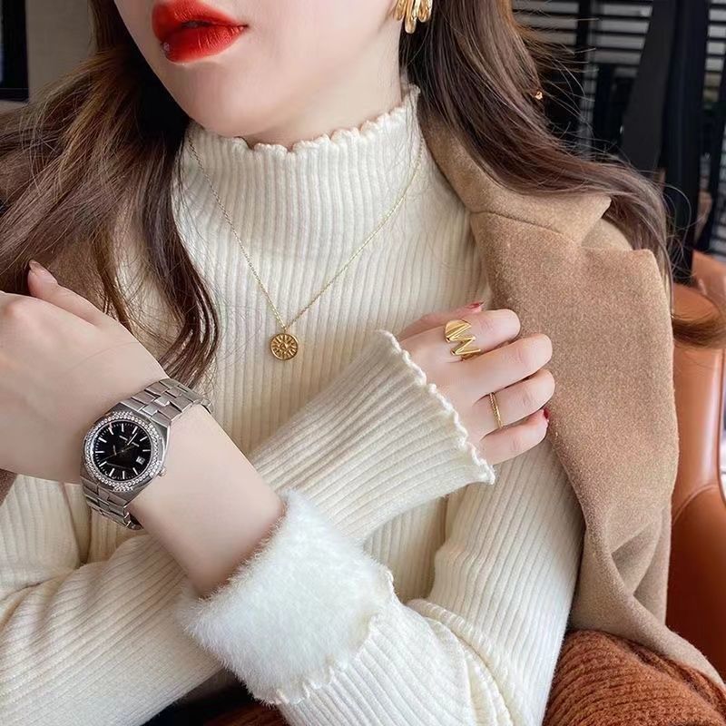 毛衣女加厚冬季內搭加絨打底衫一體絨新款高級感木耳邊半高領上衣