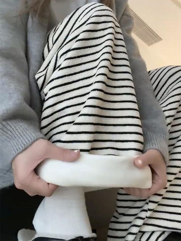 加絨黑白條紋闊腿褲女秋冬高腰垂感寬鬆直筒休閒慵懶小個子針織褲