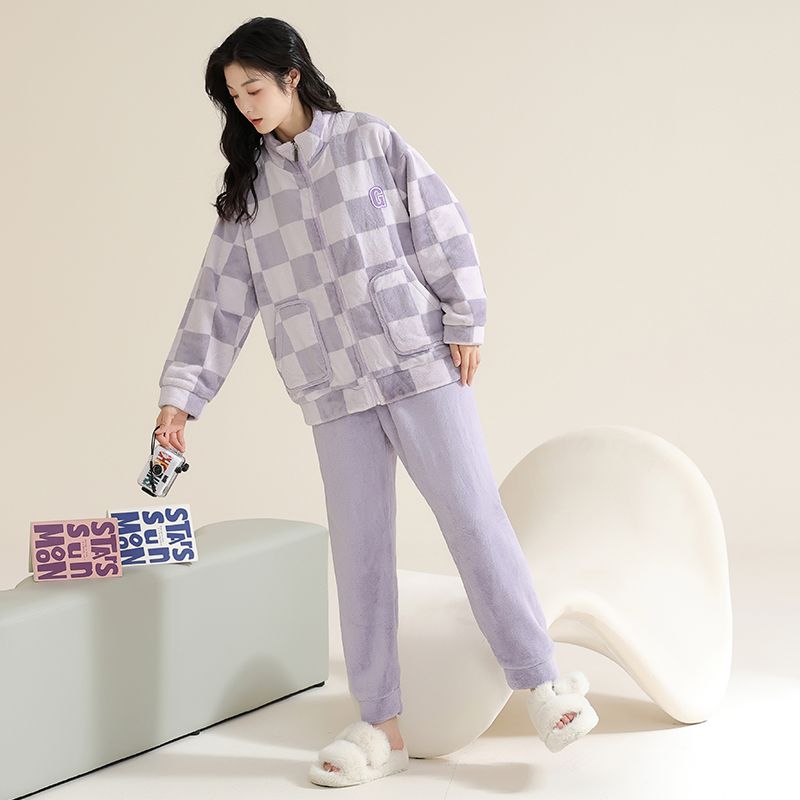 高檔保暖法蘭絨拉鏈外出睡衣女士秋冬天珊瑚絨加絨細絨新款家居服