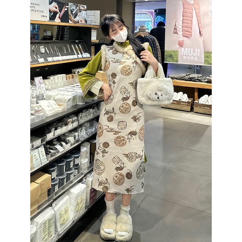秋冬女裝新中式復古套裝加絨加厚馬甲高腰國潮連衣裙裝搭配一整套