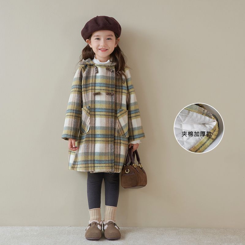 加棉特厚女童呢大衣2023冬季新款兒童洋氣毛呢外套連帽中長款上衣