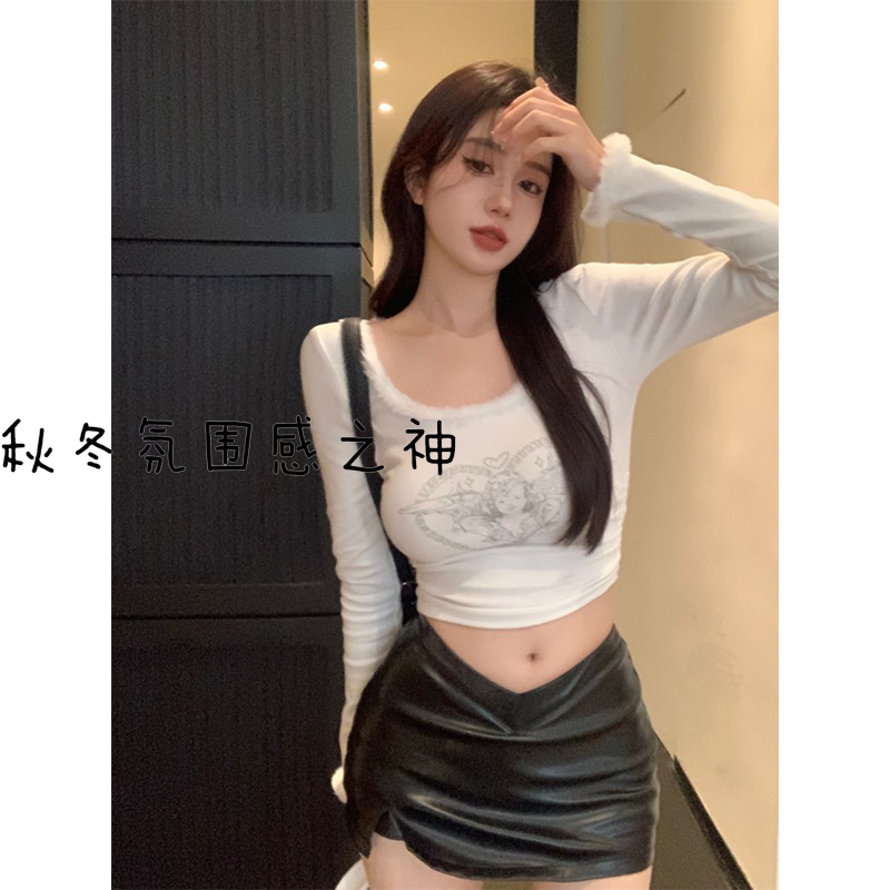 純欲小天使印花短款T恤女春季新款絨絨長袖千禧辣妹打底衫上衣ins