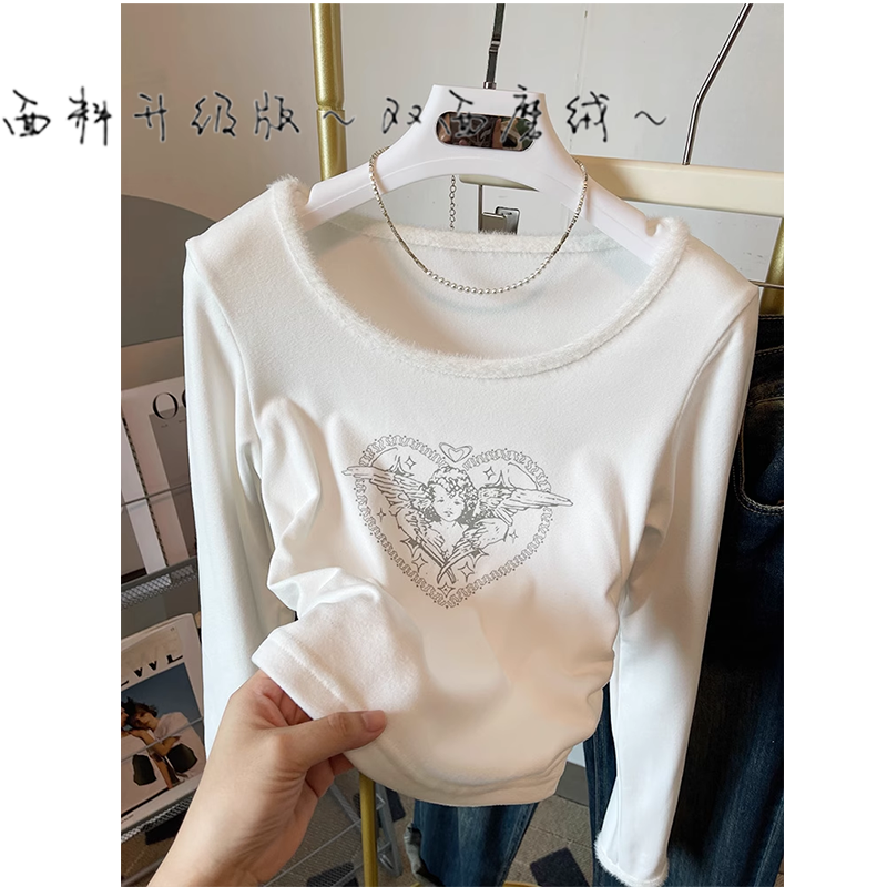 白色小天使印花短款T恤女長袖春季新款絨絨修身顯瘦打底衫上衣潮