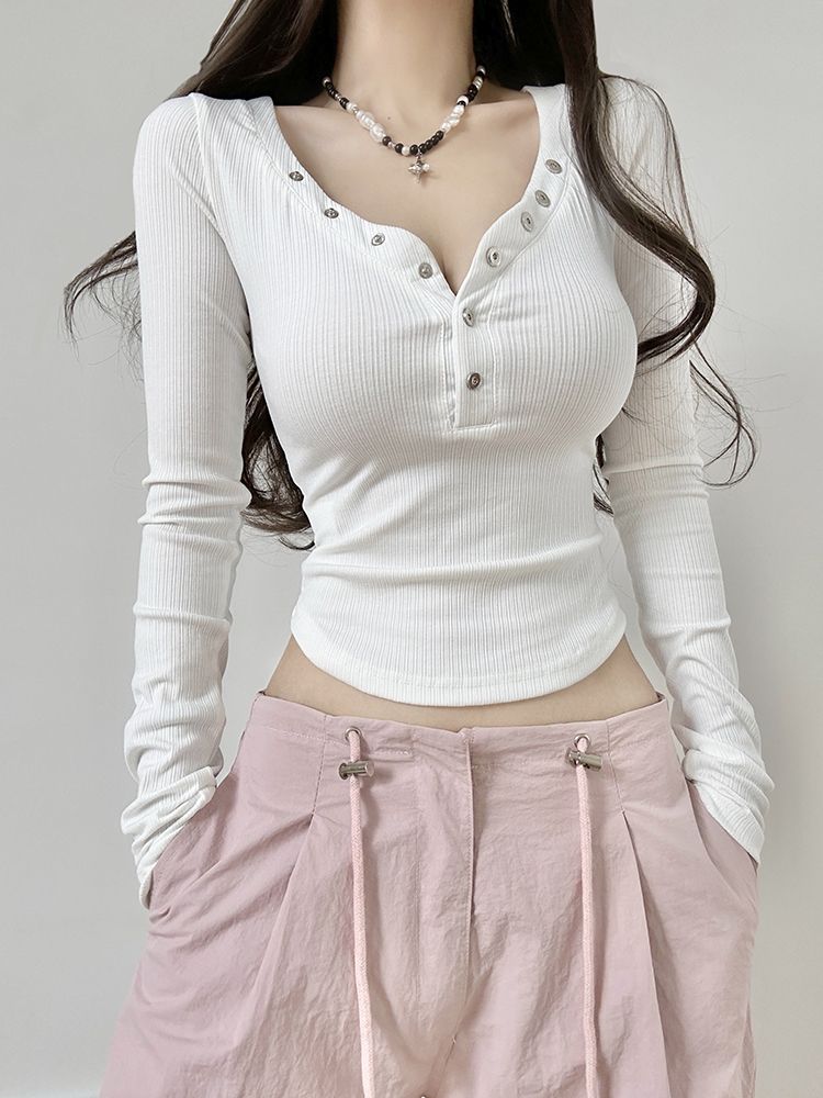 歐美白色緊身上衣女設計感V領內搭長袖T恤修身辣妹打底衫短款百搭
