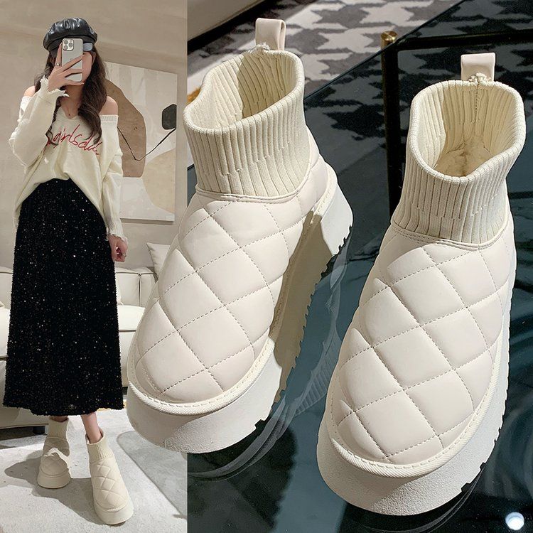 雪地靴女2023新款冬加絨加厚松糕厚底菱格皮毛一體防水防滑麵包鞋
