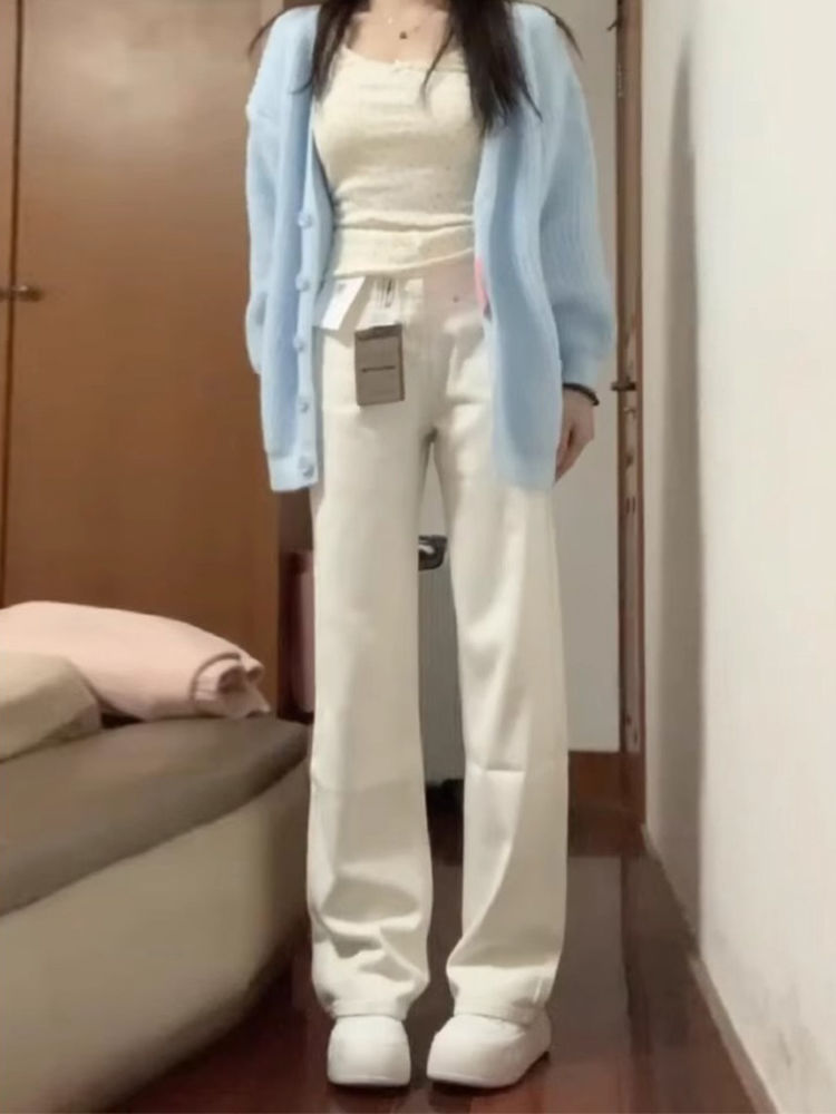 白色加絨直筒牛仔褲女冬季新款加厚高腰寬鬆顯瘦百搭窄版闊腿褲子