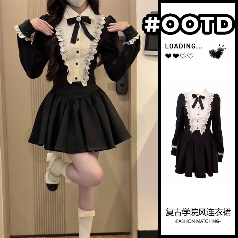 復古法式長袖連衣裙女秋季蕾絲拼接黑色裙子收腰氣質蓬蓬公主短裙