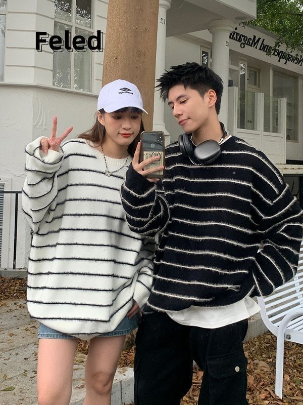飛拉丹頓美式秋冬條紋情侶毛衣男女寬鬆慵懶風針織衫撞色圓領上衣