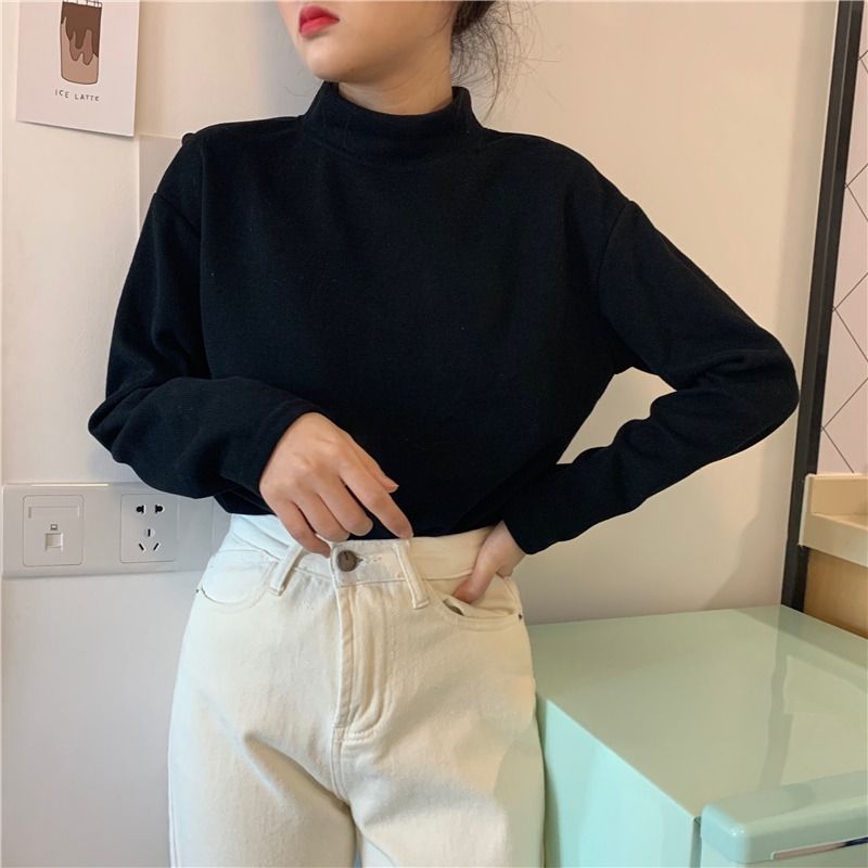 女秋冬季2023新款潮加絨加厚半高領打底衫保暖內搭長袖T恤上衣服