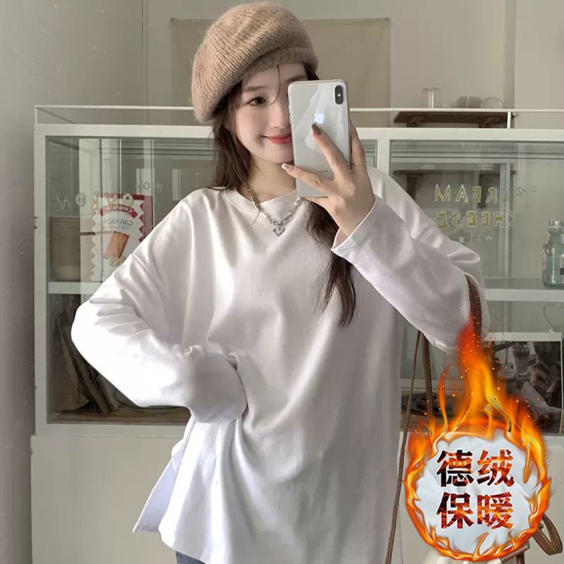 開叉圓領德絨加厚打底衫長袖T恤保暖磨毛秋冬新款內搭上衣女潮ins