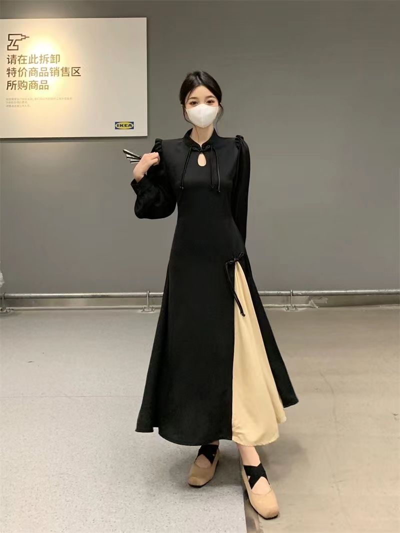 新中式国风女装改良旗袍连衣裙秋冬高级感气质收腰显瘦小个子长裙