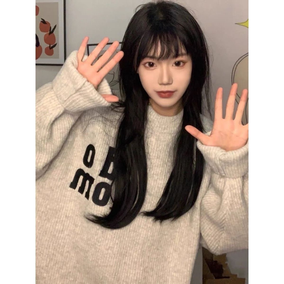復古字母毛衣女2023秋冬新款寬鬆慵懶風套頭針織衫圓領上衣外穿