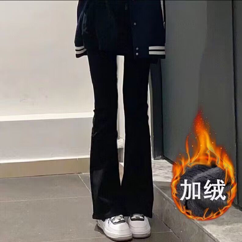 黑色加絨加厚微喇牛仔褲女秋冬新款高腰顯瘦彈力百搭微喇叭褲子潮