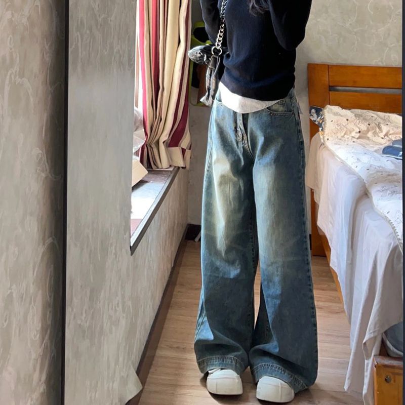 辣妹高腰復古直筒牛仔褲女小個子做舊拖地長褲美式寬鬆闊腿褲子潮