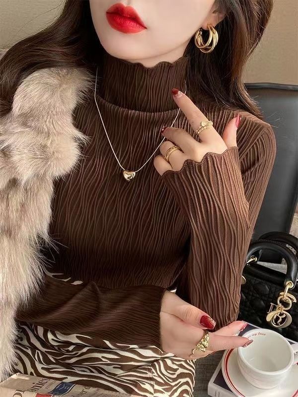 蕾絲打底衫女內搭韓版新款半高領木耳邊小衫秋冬純色網紗氣質上衣