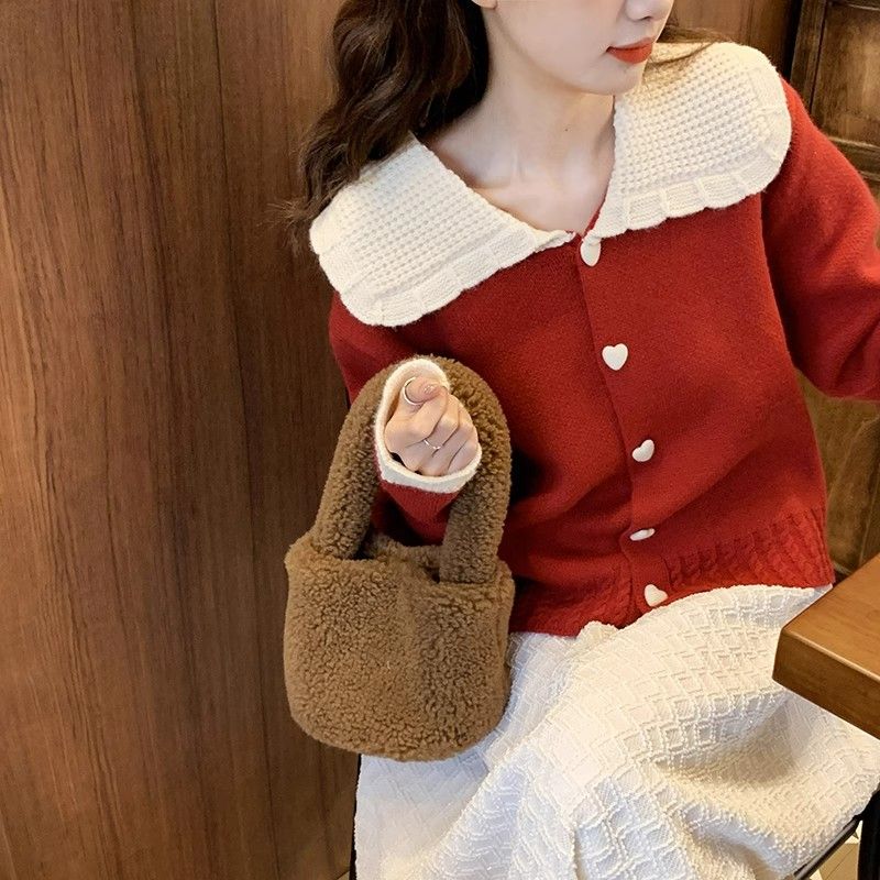 This year's popular and beautiful design contrasting color doll collar sweater autumn and winter tops women's new long-sleeved cardigan trend