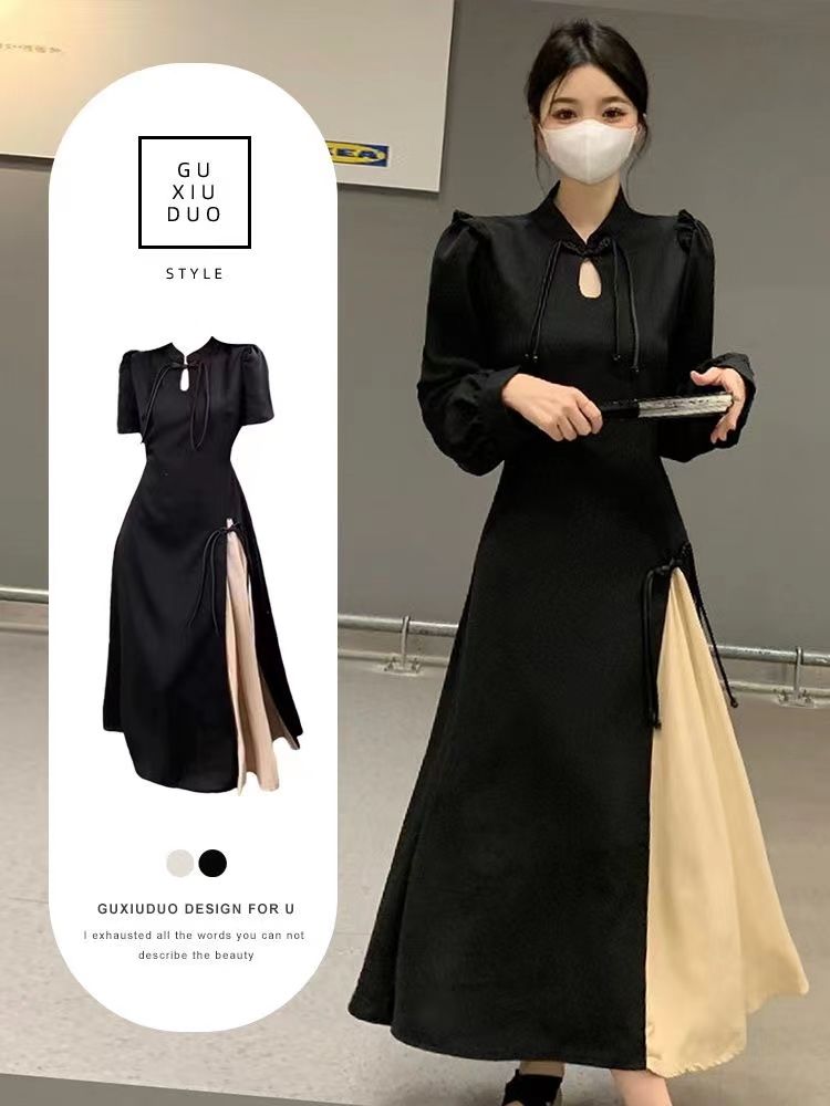 秋冬女裝2023新款微胖大碼顯瘦新中式黑色系改良旗袍漢服連衣裙子