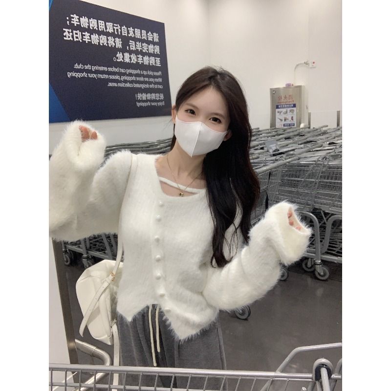 XJ家水貂絨軟糯短款毛衣外套女秋冬2023新款長袖針織衫開衫上衣女