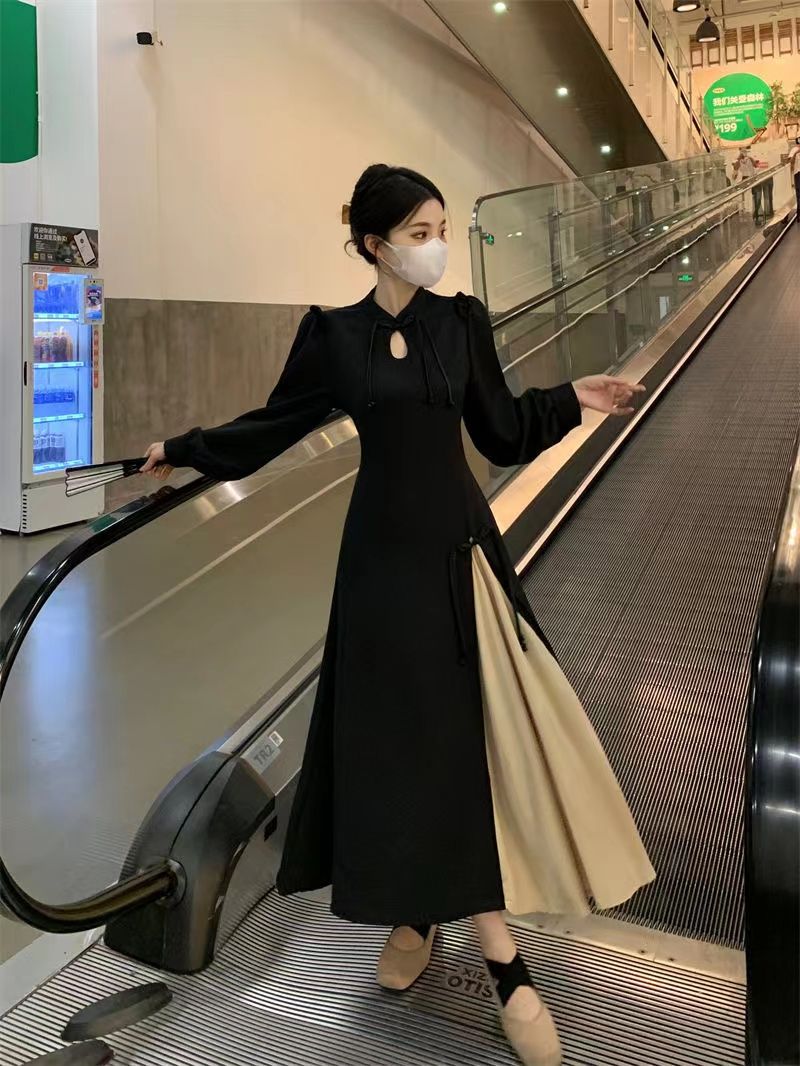 新中式國風女裝改良旗袍連衣裙秋冬高級感氣質收腰顯瘦小個子長裙