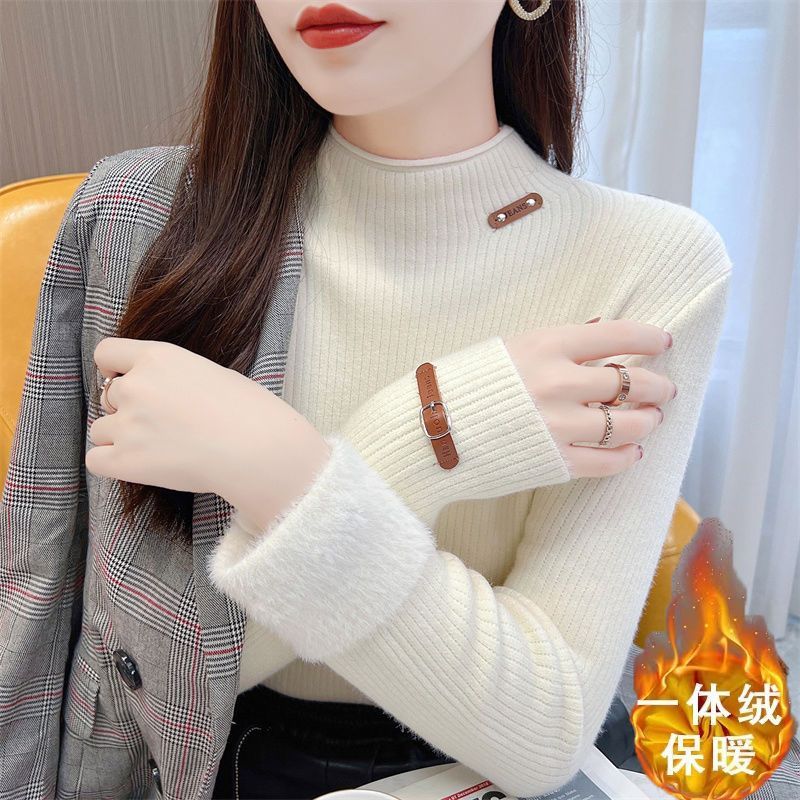 2023新款一體絨套頭毛衣女秋冬內搭半高領加絨加厚保暖針織打底衫
