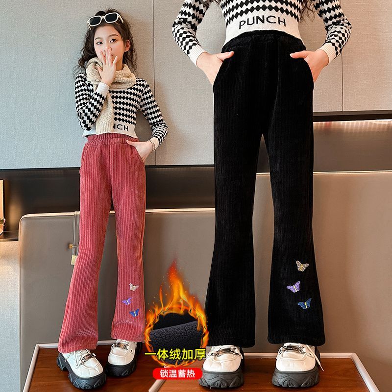 女童褲子秋冬外穿女孩冬季加厚大童冬款一體絨百搭兒童加絨喇叭褲