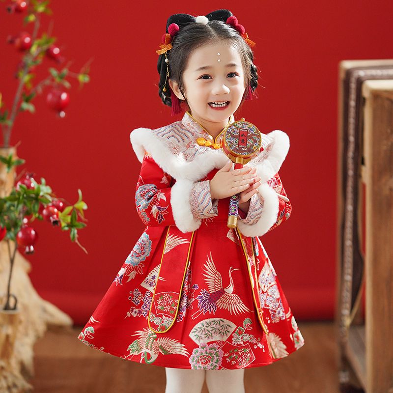 寶寶周歲禮服冬季生日抓周兒童加絨唐裝女童過年喜慶加厚拜年服冬