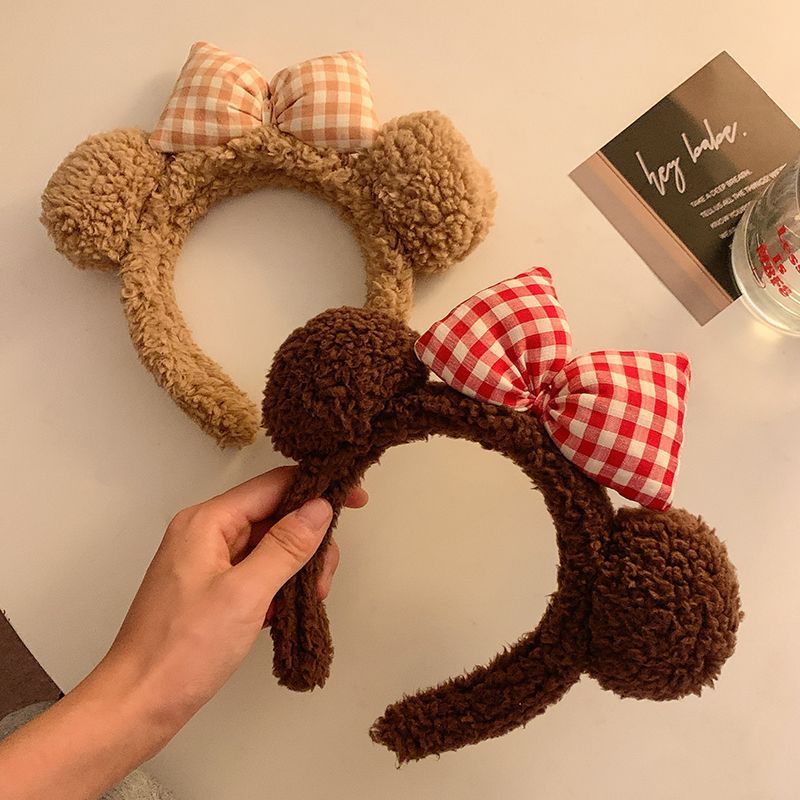 Cute bow bear ears plush plaid hairband female face wash hairpin cartoon brown headband hair accessory
