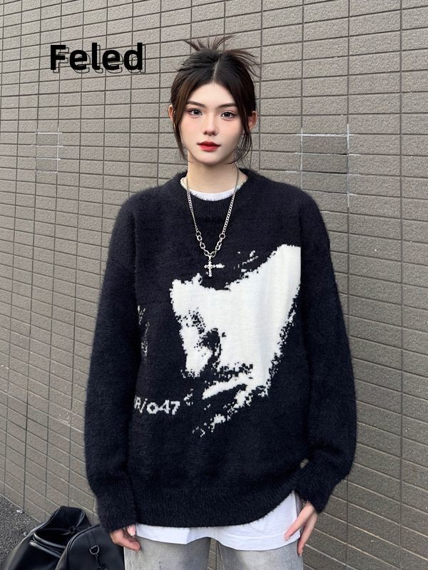 飛拉丹頓美式復古圓領毛衣男女套頭仿馬海毛寬鬆百搭情侶針織衫