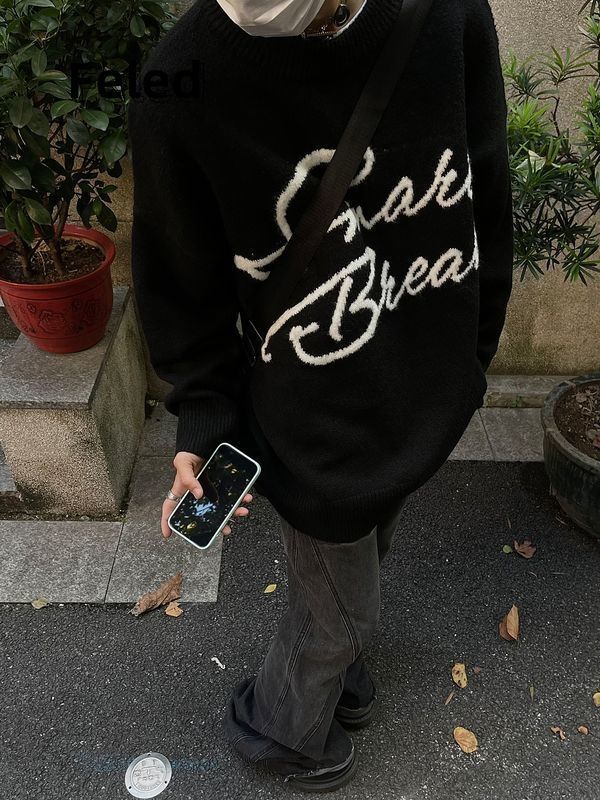 飛拉丹頓美式復古哥特字母提花毛衣針織衫男女寬鬆慵懶風秋冬上衣