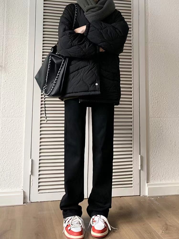 高個子黑色加絨窄版直筒牛仔褲女秋冬高腰修身顯瘦煙管堆堆拖地褲
