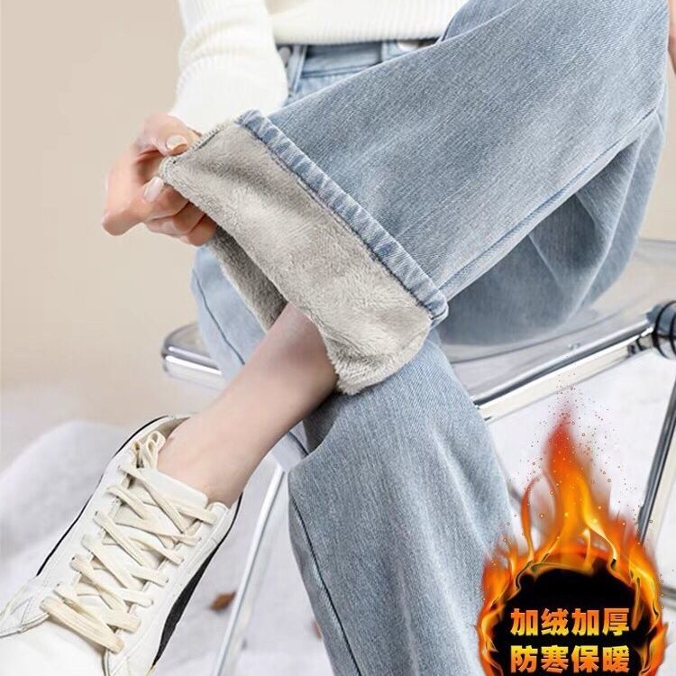 加絨加厚淺藍色高腰闊腿牛仔褲女2023冬季新款學生百搭直筒保暖褲