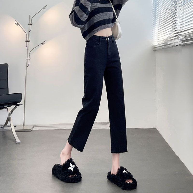 小個子直筒牛仔褲女2023秋季新款大碼高腰彈力顯瘦九分煙管褲個性