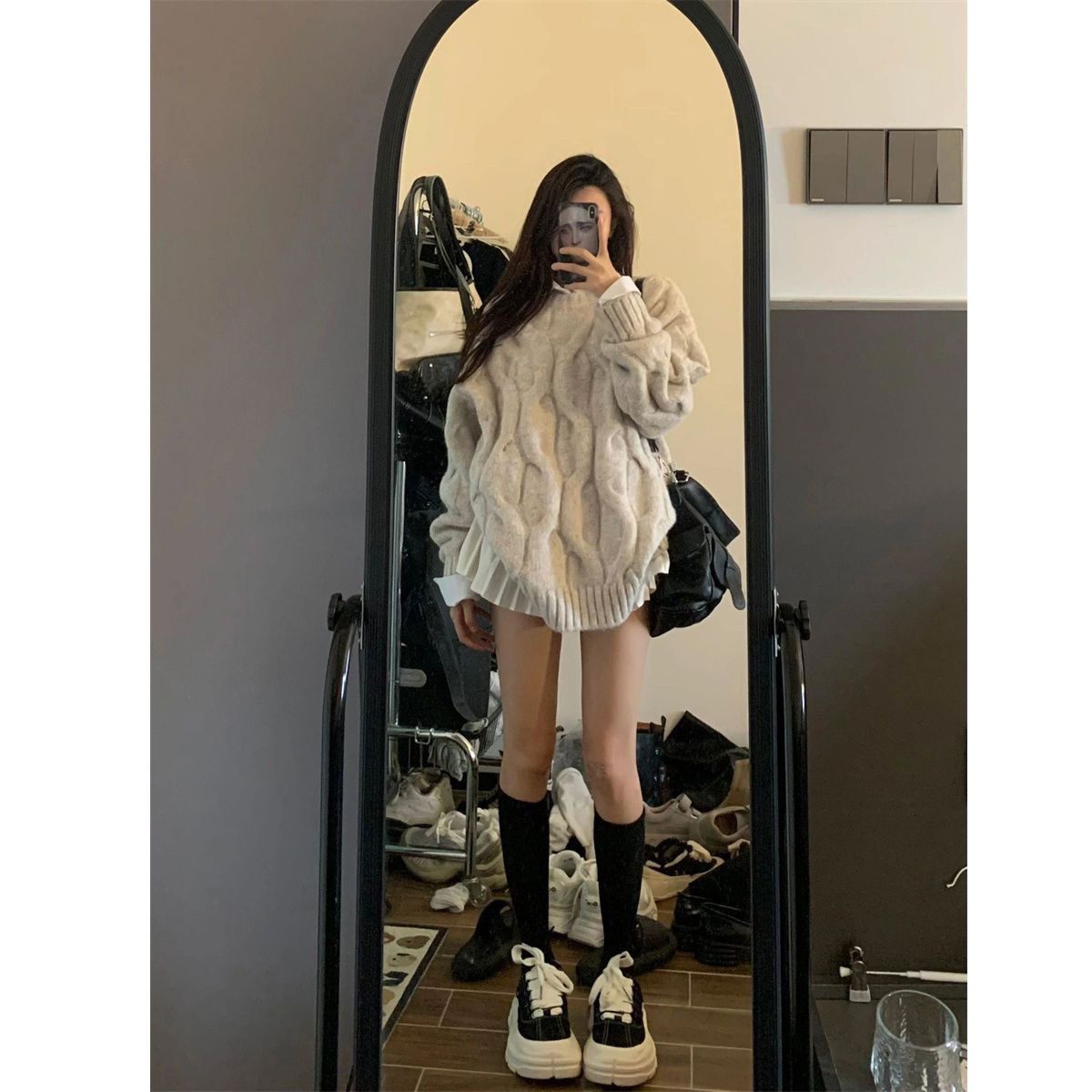 韓版hiphop杏色麻花圓領毛衣女秋冬寬鬆慵懶氣質百搭軟糯針織上衣