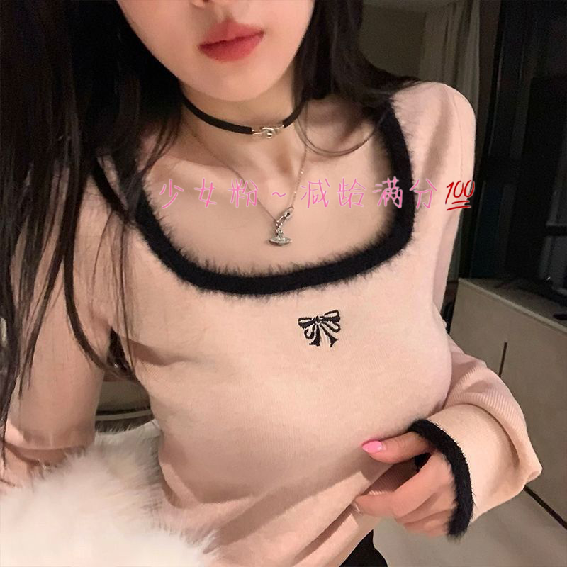 辣妹方領軟糯打底德絨衫女秋冬韓版2023新款修身顯瘦短款長袖上衣