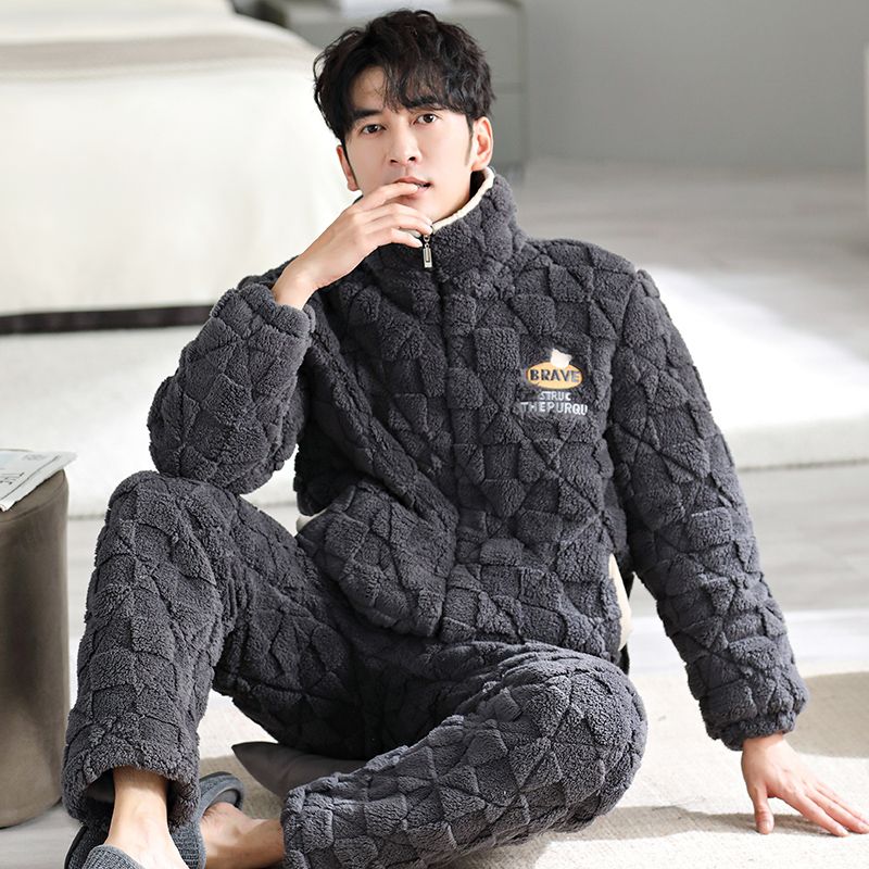 冬季加厚睡衣男珊瑚絨夾棉三層保暖拉鏈款棉襖中青年家居服套裝