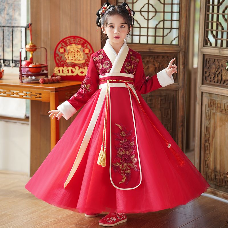 女童漢服冬款兒童加厚古裝中國風唐裝襦裙小女孩喜慶拜年服連衣裙