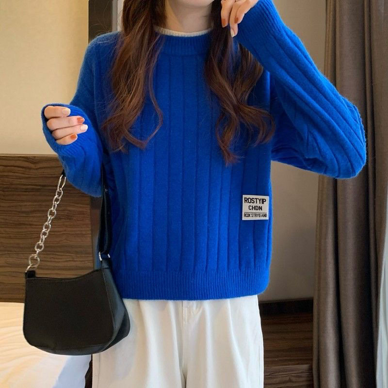 短款克萊因藍今年流行漂亮毛衣女秋冬季外穿小個子加厚針織衫上衣
